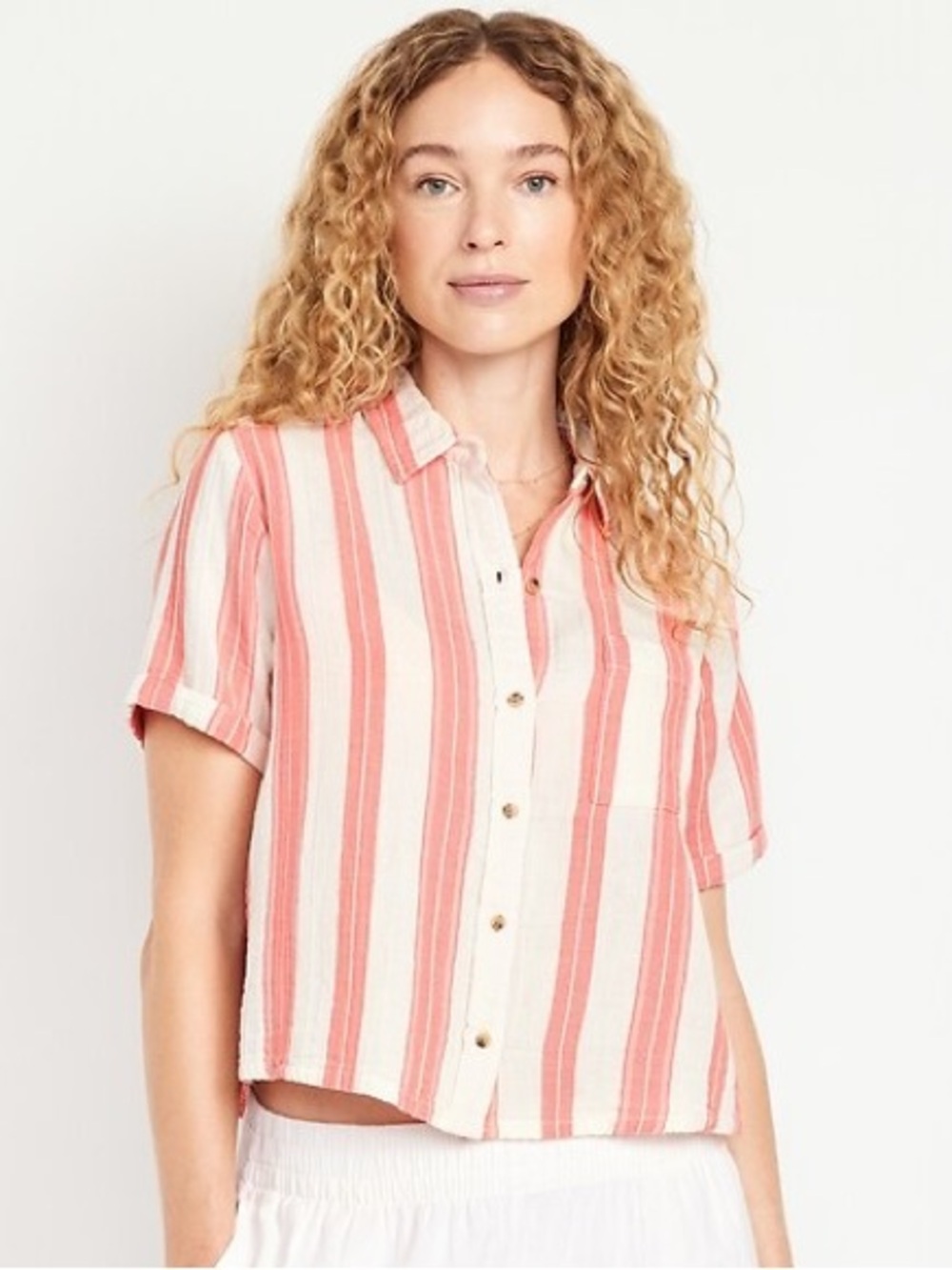 🌸 Old Navy Crinkle Gauze Striped Button-Down Shirt Pink White Size Small NWOT